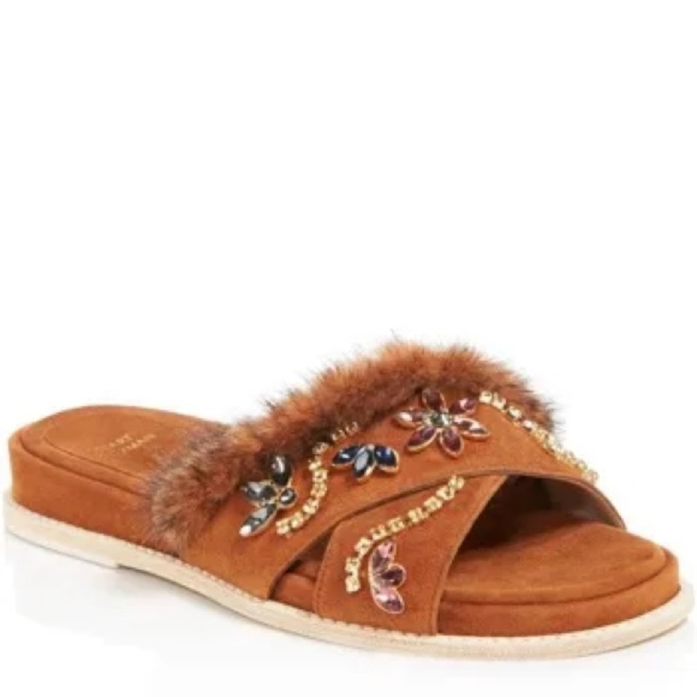 Stuart Weitzman Mink Fur Suede Sandals